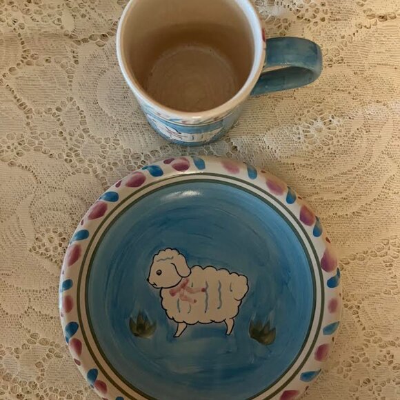 Vintage Hand-Painted World Bazars Ceramic EASTER LAMB Plate and Mug Set - Picture 2 of 9